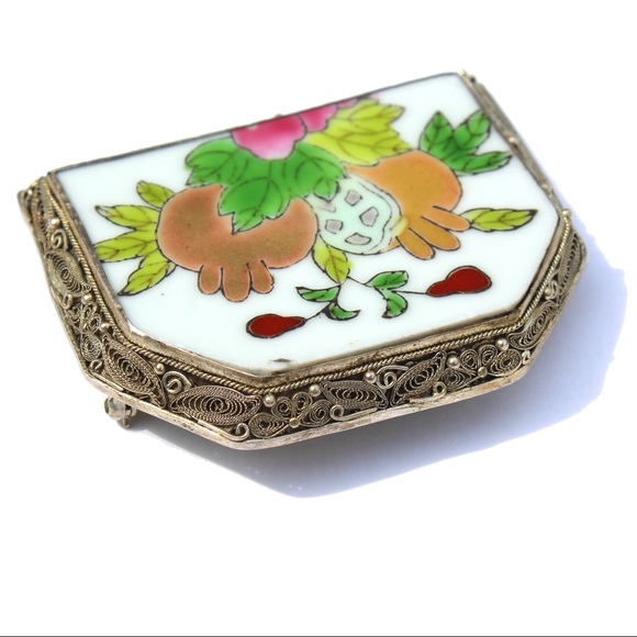 Vintage Chinese Pomegranate Porcelain Shard Brooch - Picture 5 of 10